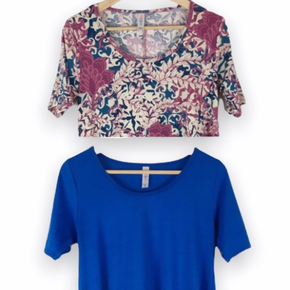 Lot / Bundle of 2 Lularoe Perfect Tee Blue‎ & Floral Flowy Swing Tops Shirts XXS